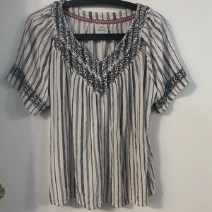 Knox Rose Ivory and Navy Striped Embroidered Boho V-Neck Top
